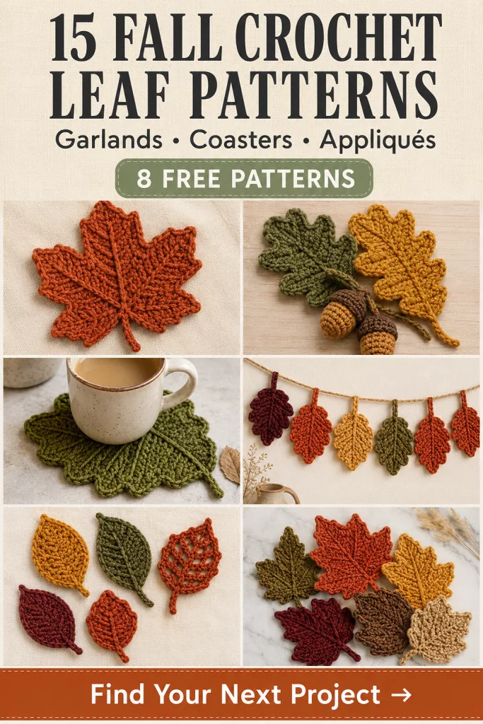 15 Crochet Leaf Patterns for Fall pin graphic showing a flat lay of colorful crocheted autumn leaves, acorns, and berries on a light wood background with text that reads 15 Fall Crochet Leaf Patterns: Garlands, Coasters, Appliqués, 8 Free Patterns.