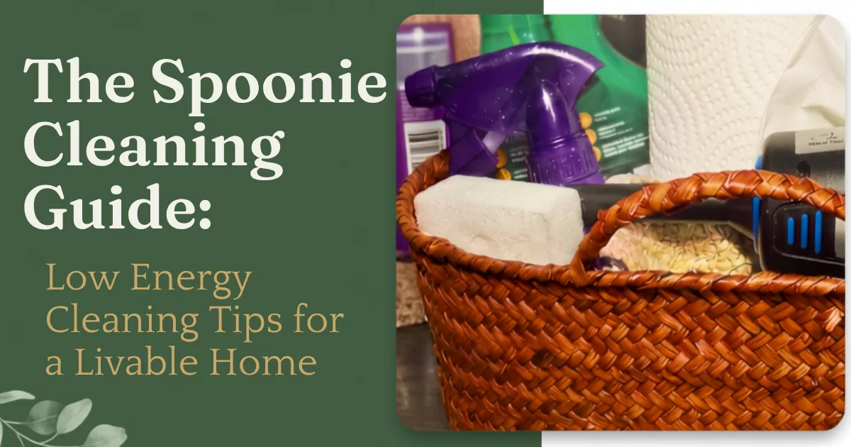 A cozy basket filled with cleaning supplies next to household items, representing low energy cleaning tips for a livable home.