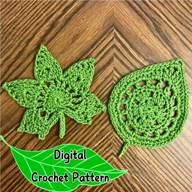 Pair of green crocheted aspen and maple leaves displayed side-by-side with text reading Digital Crochet Pattern.