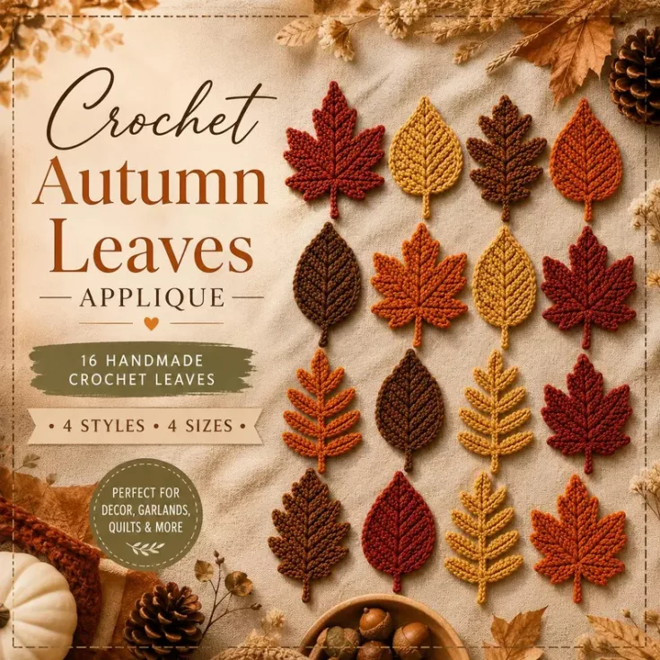 Multiple crocheted autumn leaves arranged on a wooden table with text reading Crochet Autumn Leaves APPLIQUES.