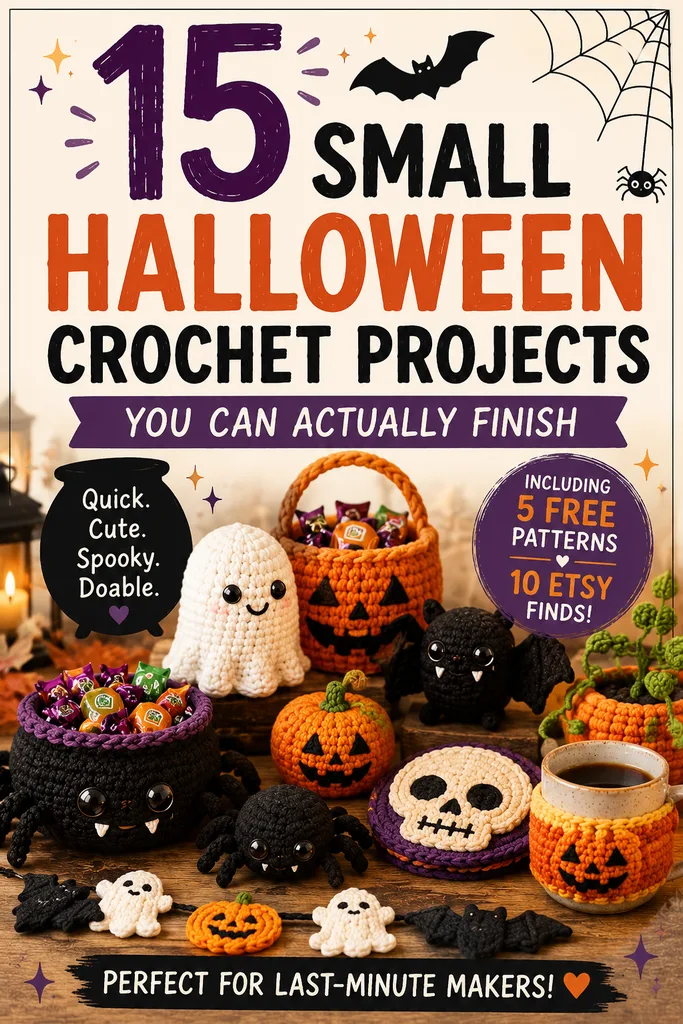15 small Halloween crochet projects you can actually finish, with free and paid patterns for ghosts, pumpkins, bats, spooky décor and quick Halloween makes.
