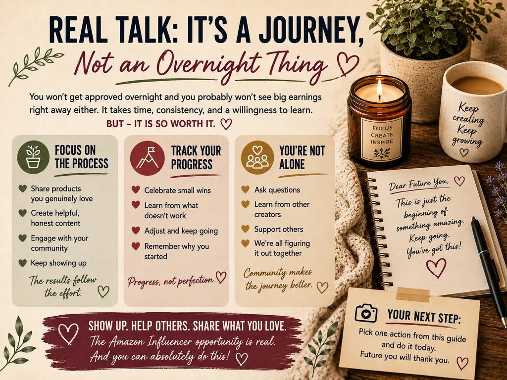 Infographic graphic titled "Focus on the Process, Track Your Progress, You're Not Alone" featuring encouragement and tips for Amazon Influencers, surrounded by a cozy desk flat lay with a candle, mug, pen, and notebook.