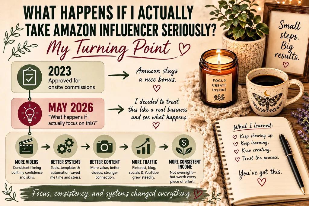 Infographic titled "What Happens If I Actually Take Amazon Influencer Seriously? My Turning Point." Compares 2023 onsite commission approval where Amazon remained an occasional bonus to May 2026 when treating it as a real business. Outlines a five-step workflow: more videos, better systems, better content, more traffic, and more consistent income, alongside a cozy desk flat lay with a coffee mug, candle, and notebook notes.