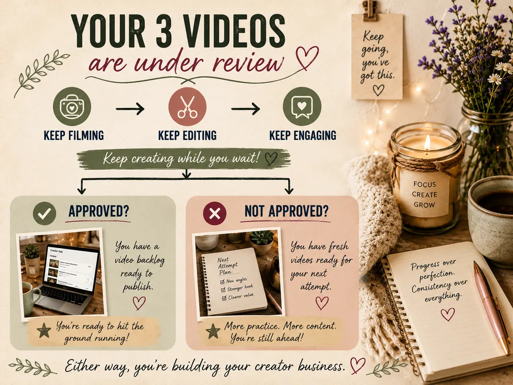 Infographic titled "Your 3 Videos Are Under Review" outlining next steps while waiting for Amazon Influencer onsite approval. It illustrates a workflow to keep filming, editing, and engaging, with two branching outcomes: if approved, you have a video backlog ready to publish; if not approved, you have fresh videos ready for your next attempt. Surrounding elements include cozy desk items like a candle, mug, notebook, and encouraging notes.