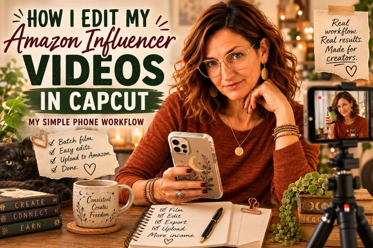 Phone filming a product beside CapCut editing tools for a guide to editing Amazon Influencer videos on a phone.