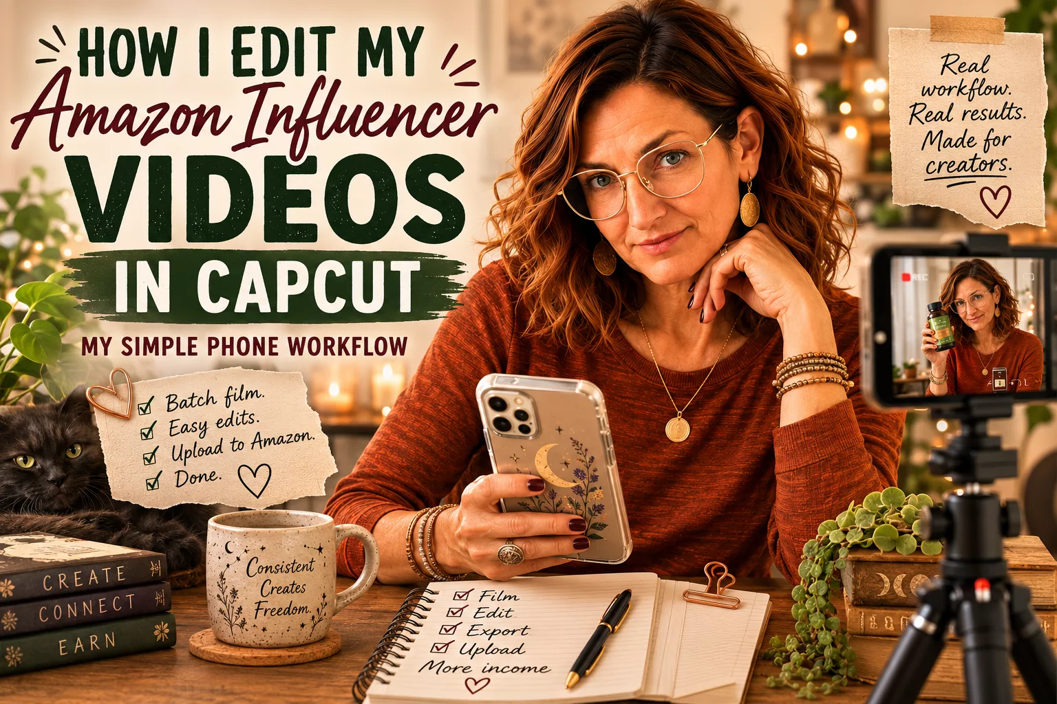 Phone filming a product beside CapCut editing tools for a guide to editing Amazon Influencer videos on a phone.