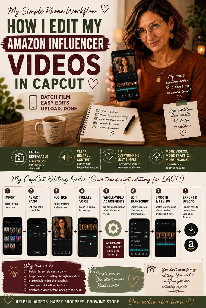 Woman holding a phone displaying steps to edit Amazon Influencer videos using a simple CapCut workflow.