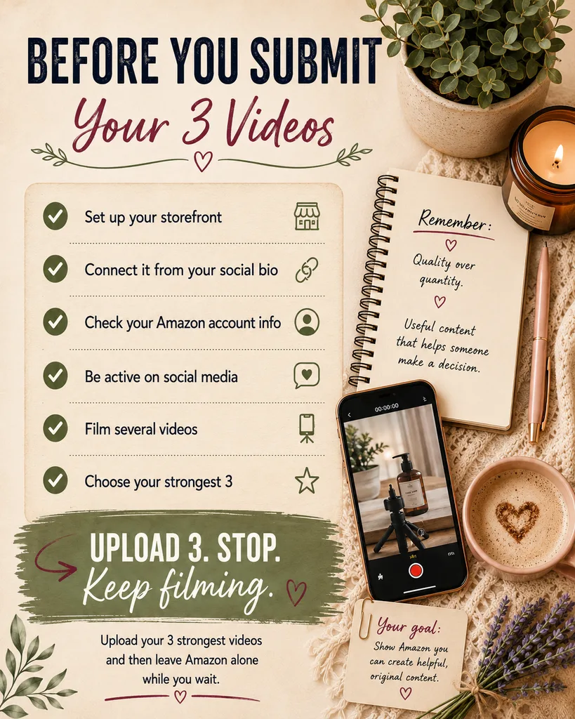 Checklist infographic titled "Before You Submit Your 3 Videos" detailing steps for Amazon Influencer onsite approval: set up your storefront, connect it from your social bio, check your Amazon account info, be active on social media, film several videos, and choose your strongest three. Includes notes emphasizing quality over quantity and the strategy "Upload 3. Stop. Keep filming."
