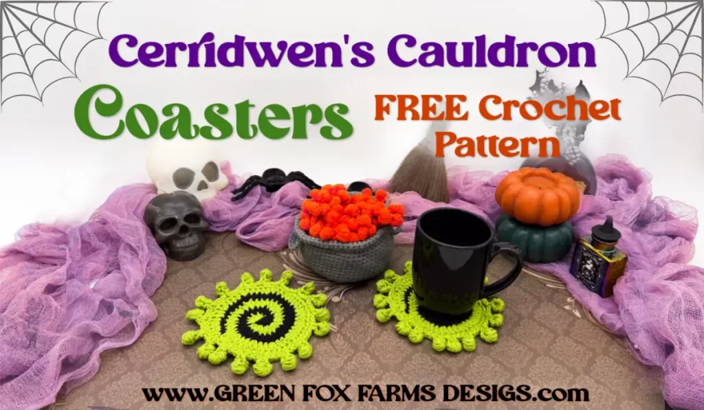 Crochet witch’s cauldron holding colorful bubbling and spiral potion coasters for Halloween.