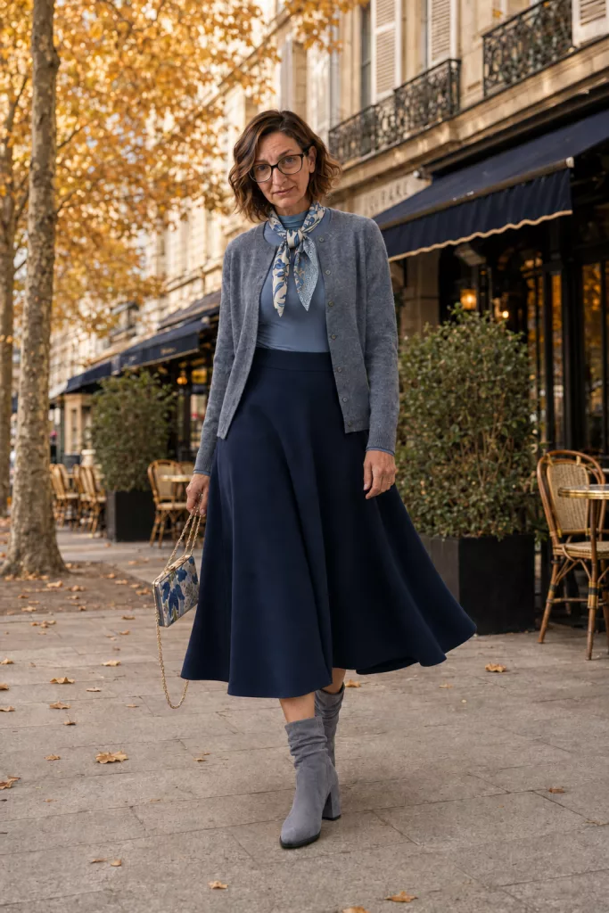 Woman wearing a soft gray cardigan over a light blue top, navy midi skirt, gray suede ankle boots, and a patterned scarf.