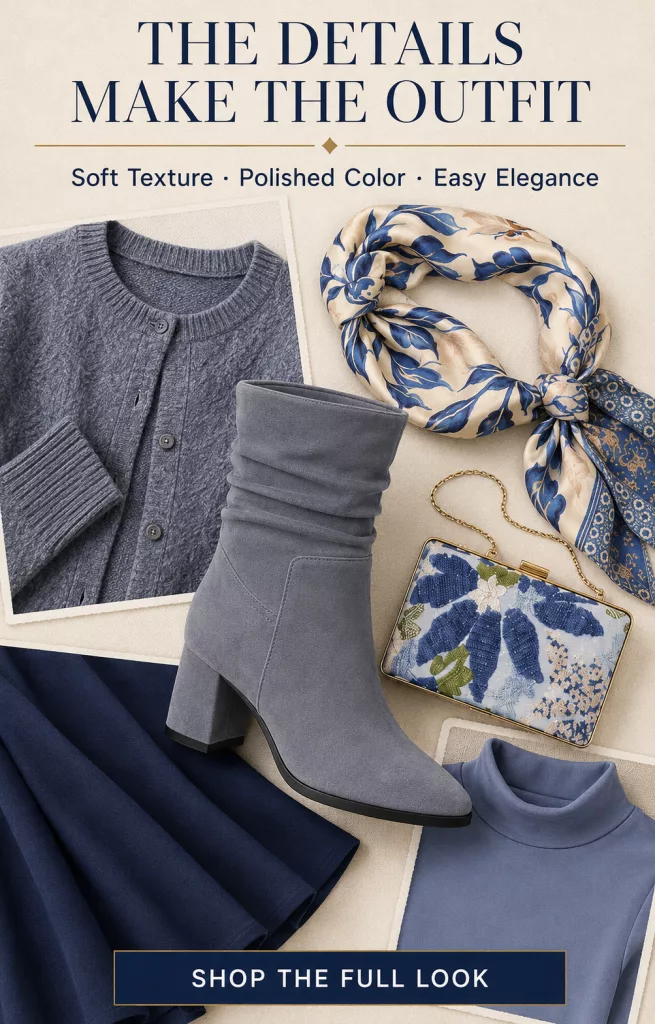 Flat lay of fall accessories including brown leather loafers, an olive green scarf, a leather crossbody bag, and a simple necklace.