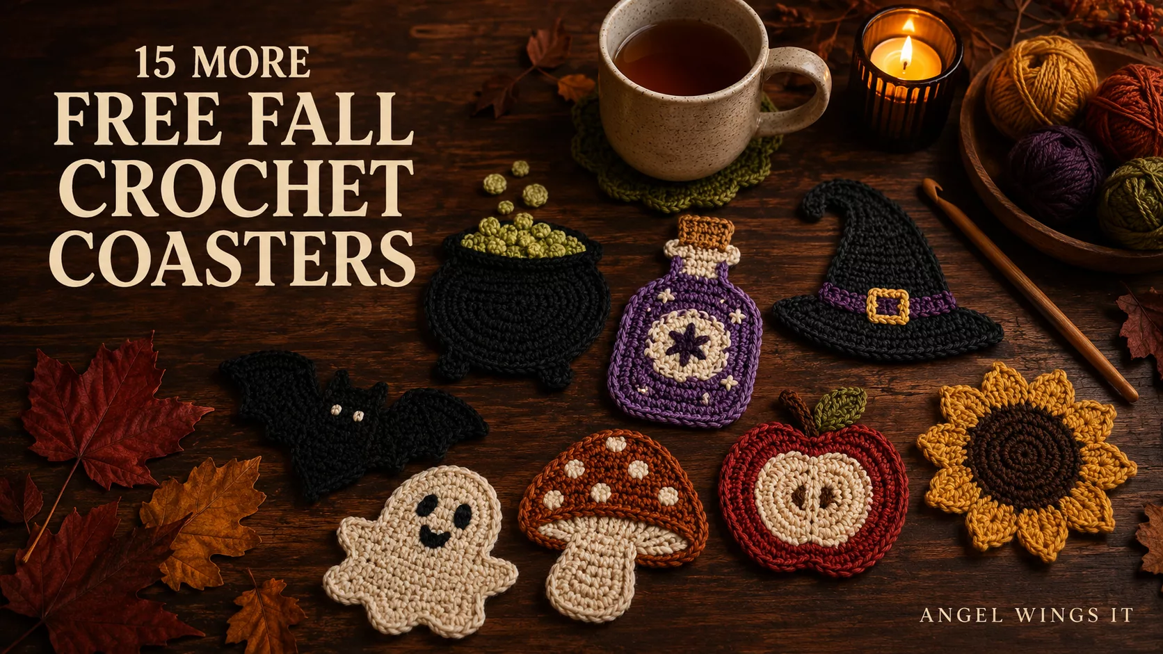 Cozy witchy fall flat lay featuring handmade crochet cauldron, potion, witch hat, bat, ghost, mushroom, apple and sunflower coasters beside tea, yarn and autumn leaves.