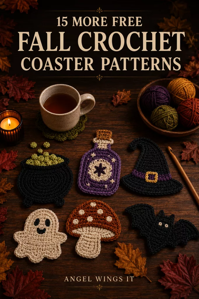 Pinterest pin featuring handmade witchy fall crochet coasters shaped like a cauldron, potion bottle, witch hat, ghost, mushroom and bat.