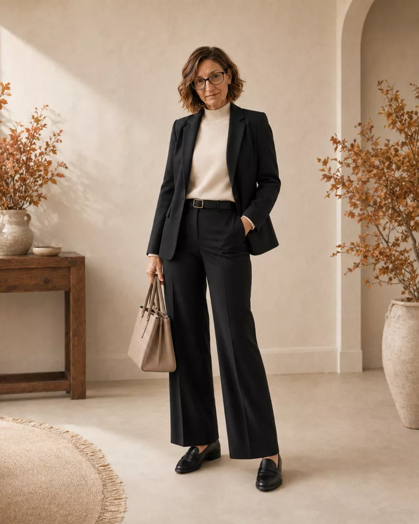 Woman wearing a black tailored blazer, black wide-leg trousers, black loafers, and a beige tote bag standing in a bright room.