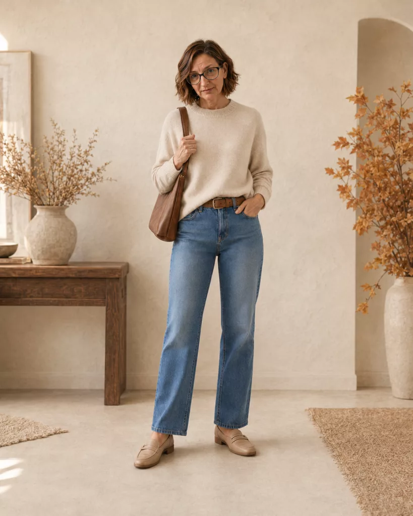 Woman in a cream cardigan, light blue mock-neck top, dark blue straight-leg jeans, and brown leather ankle boots standing in a living room.