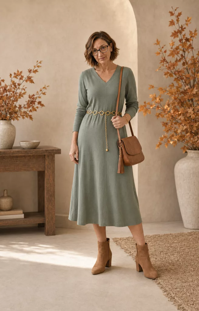 Woman in a sage-colored knit midi dress, brown cognac leather boots, and a structured shoulder bag outdoors.