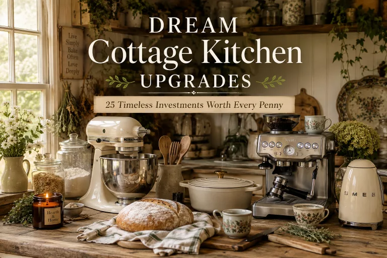 Cozy cottage kitchen featuring a stand mixer, Dutch oven, artisan bread, espresso machine, farmhouse décor, and warm natural light for a dream kitchen upgrade guide.