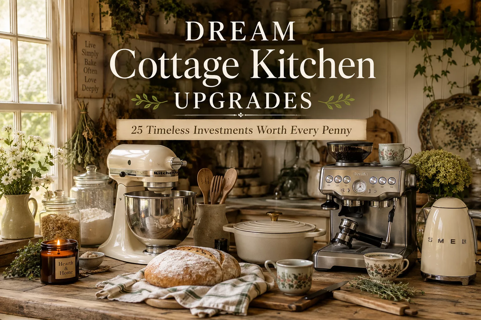 Cozy cottage kitchen featuring a stand mixer, Dutch oven, artisan bread, espresso machine, farmhouse décor, and warm natural light for a dream kitchen upgrade guide.