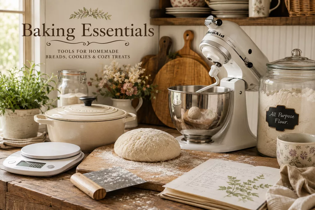 A cozy cottage kitchen counter with warm lighting, featuring a loaf of rustic sourdough bread on a wooden board, fresh herbs in a vase, and a copper kettle on the stove.
