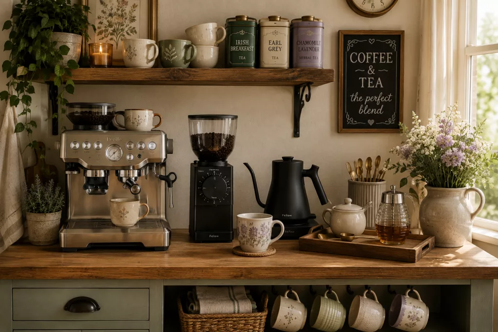 A warm cottage coffee and tea station featuring a burr coffee grinder, an electric gooseneck kettle, ceramic mugs, and jar canisters on a wooden countertop.