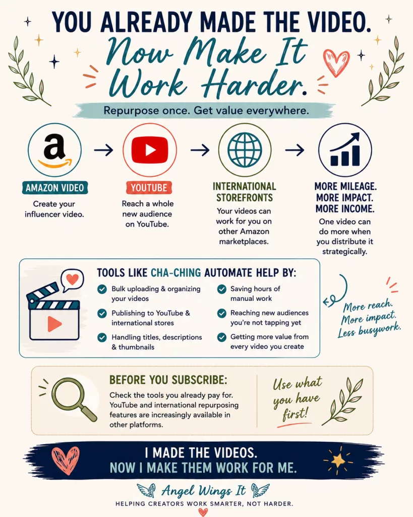 Amazon Influencer video repurposing infographic showing how existing Amazon videos can be reused on YouTube and international storefronts, with Cha-Ching Automate helping reduce manual distribution work.