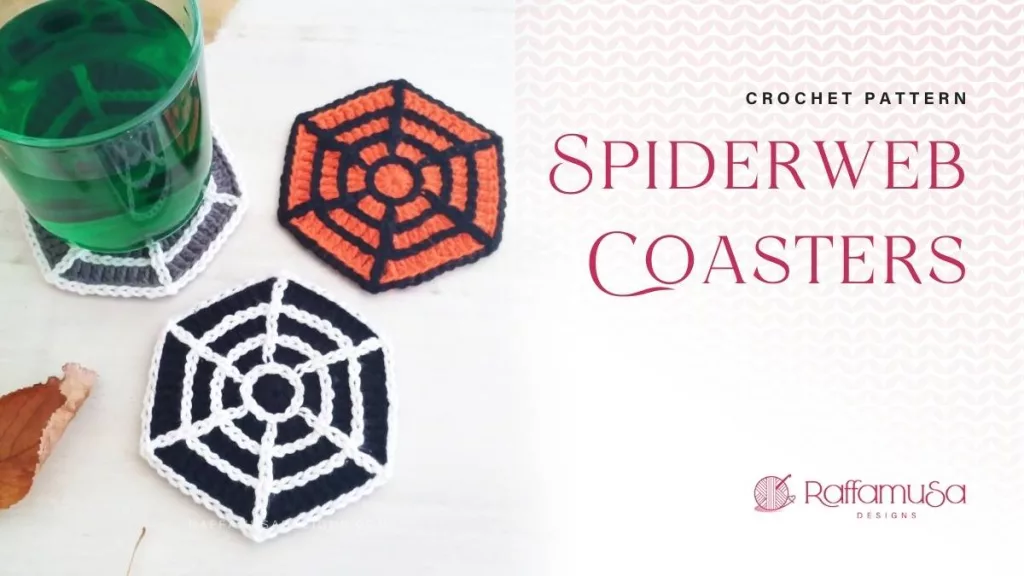 Hexagonal Halloween crochet coaster with a contrasting spiderweb worked across the surface.
