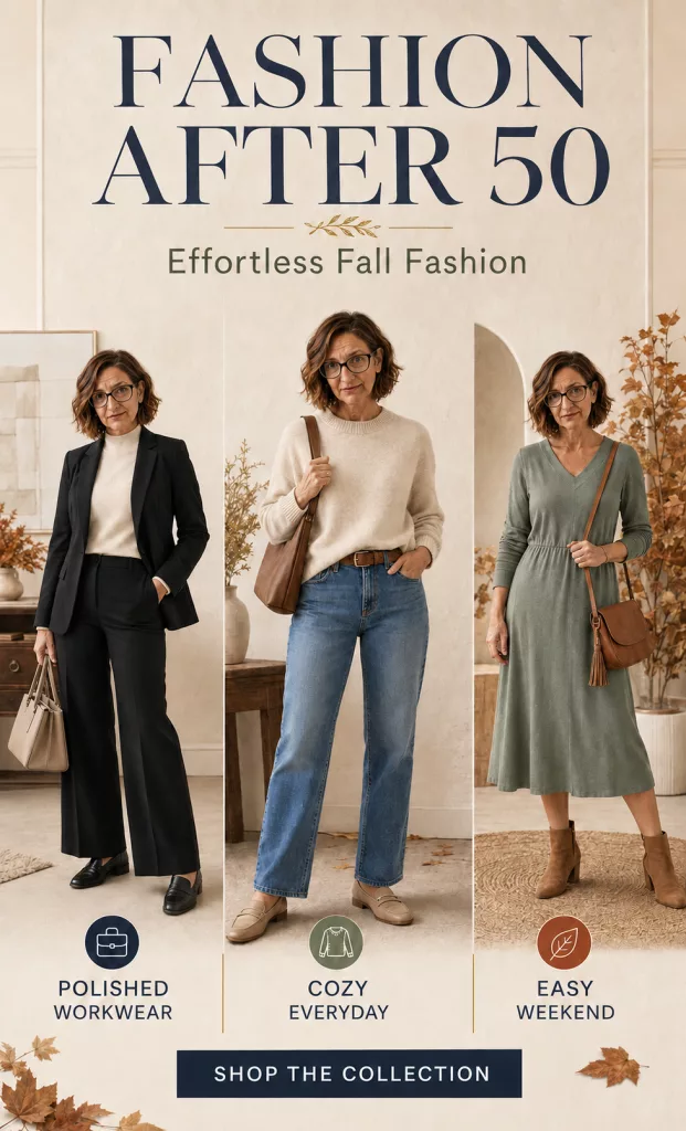 Fall Fashion Over 50 Pinterest graphic featuring styled fall outfits, warm colors, and text reading Effortless Outfit Ideas for Work, Weekends & Everyday.