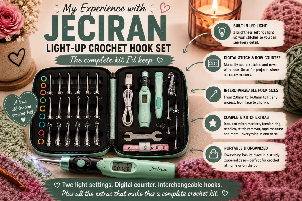 Jeciran light-up crochet hook set in an open carrying case with interchangeable hooks, digital stitch and row counter, two-setting LED light, stitch markers, tension ring, needles, tape measure, and other crochet accessories.