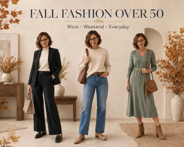 Three women in their 50s showcasing stylish fall outfits featuring layered cardigans, wide-leg trousers, and midi skirts in autumn neutrals.