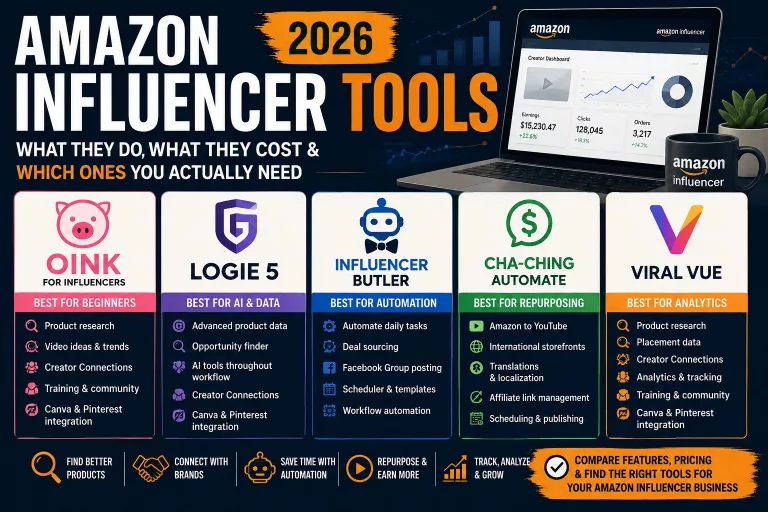 Amazon Influencer tools comparison for 2026 featuring Oink, Logie 5, Influencer Butler, Cha-Ching Automate and Viral Vue.