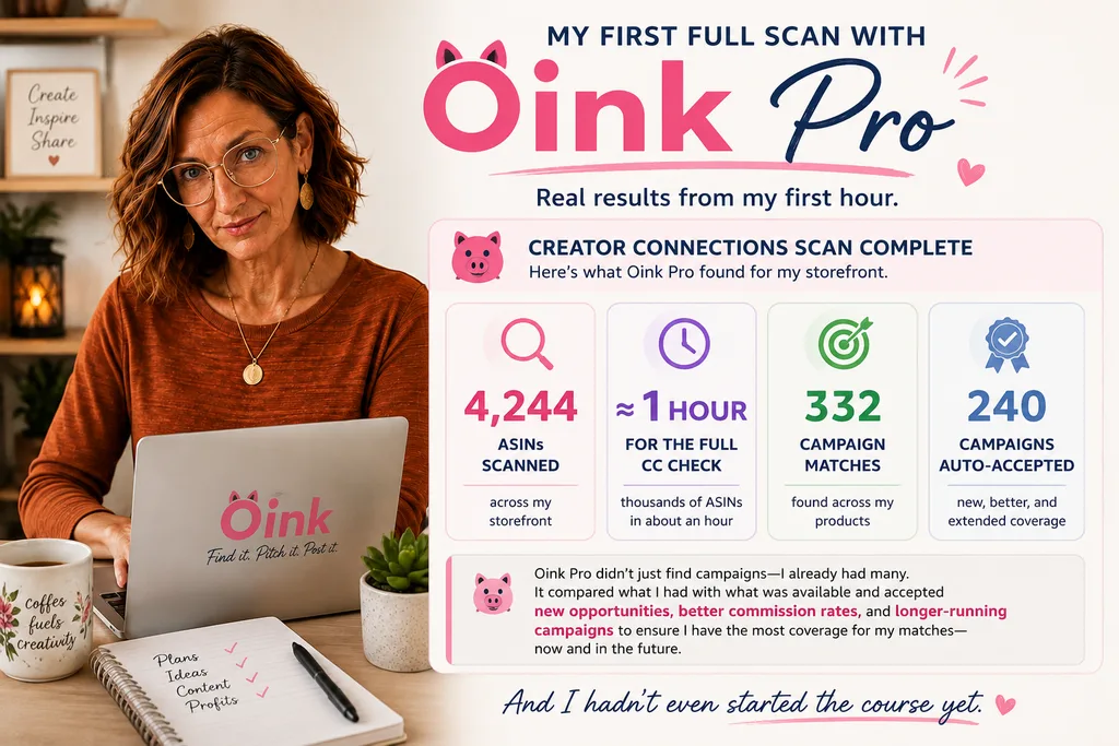 Oink Pro first-hour results showing 4,244 Amazon storefront ASINs scanned in about an hour, 332 Creator Connections matches found, and 240 campaigns auto-accepted.