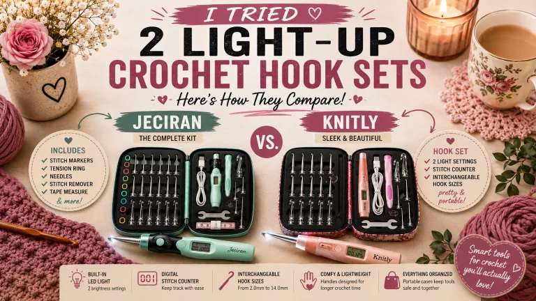 Jeciran and Knitly light-up crochet hook sets side by side with digital stitch counters and interchangeable hooks.