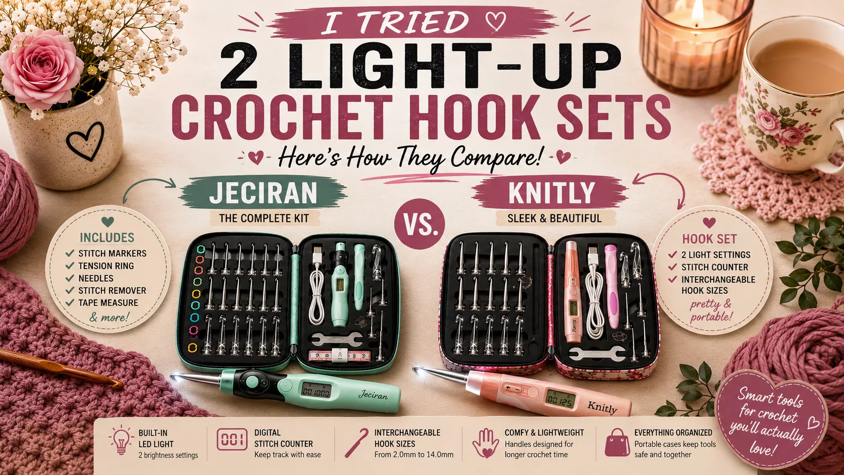 Jeciran and Knitly light-up crochet hook sets side by side with digital stitch counters and interchangeable hooks.
