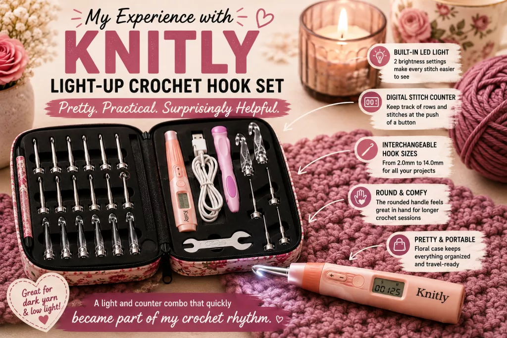 Knitly light-up crochet hook set with its floral case, interchangeable hooks, LED hook and digital stitch counter.