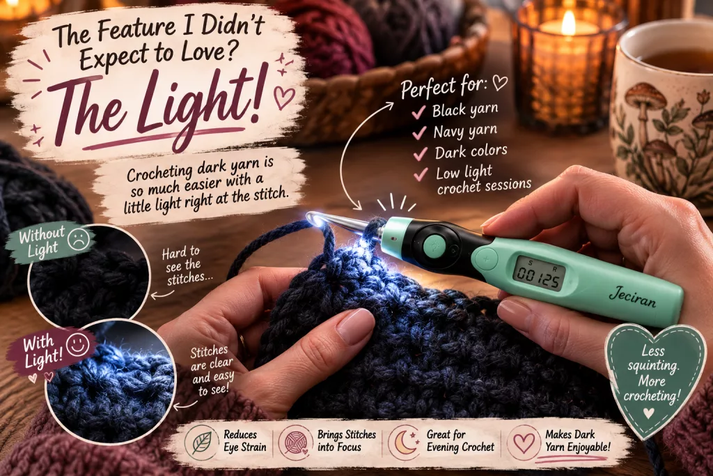 Close-up of the Jeciran light-up crochet hook illuminating dark navy yarn, showing how the built-in LED makes individual stitches easier to see while crocheting.