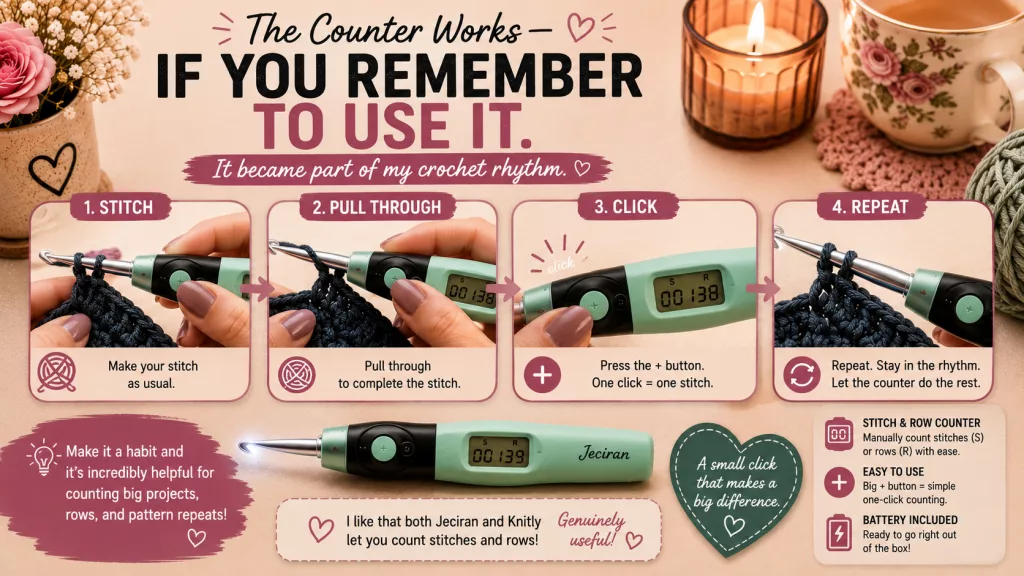 Step-by-step graphic showing how to use the Jeciran crochet hook’s digital counter: make a stitch, pull through the final loop, press the counter button, and repeat while crocheting.