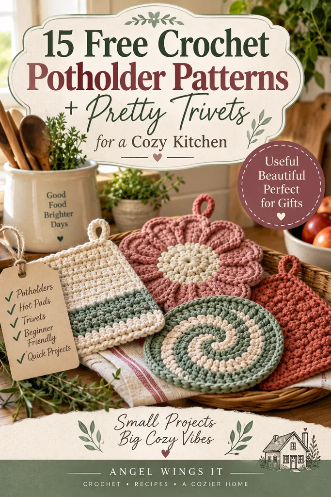 15 Free Crochet Potholder Patterns Graphic with text reading "15 Free Crochet Potholder Patterns plus Pretty Trivets for a Cozy Kitchen" with folded crochet potholders, wooden spoons, and kitchen decor.