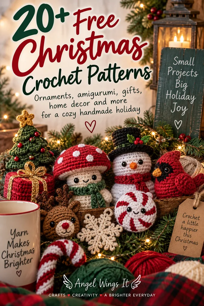 Collection of free Christmas crochet patterns featuring handmade holiday amigurumi, ornaments, and a holiday mug surrounded by yarn