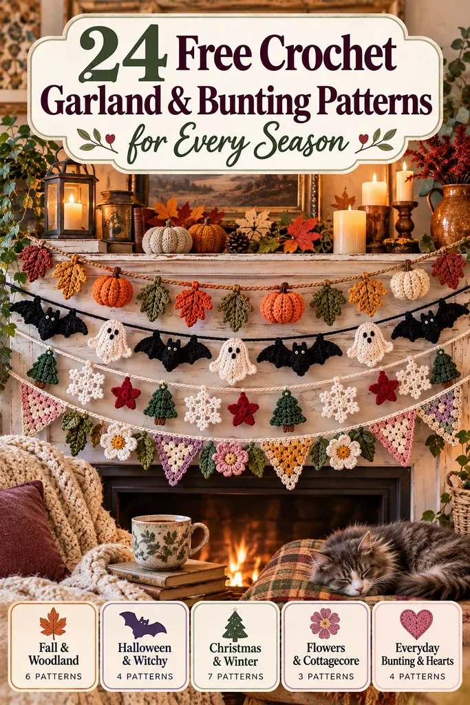 24 Free Crochet Garland & Bunting Patterns for Every Season. Cozy mantel decorated with crocheted pumpkin and leaf garlands, bats, ghosts, Christmas trees, snowflakes, flowers and granny bunting.