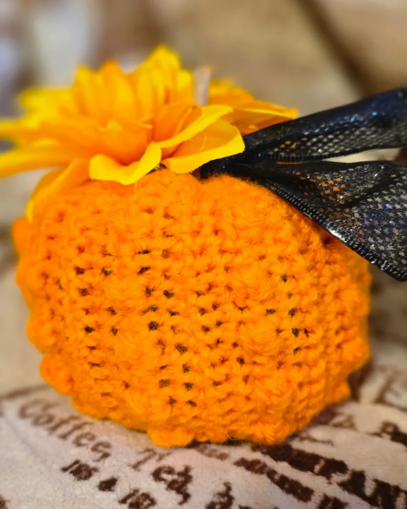 Small orange berry stitch crochet pumpkin decorated with a flower, black ribbon and natural stem