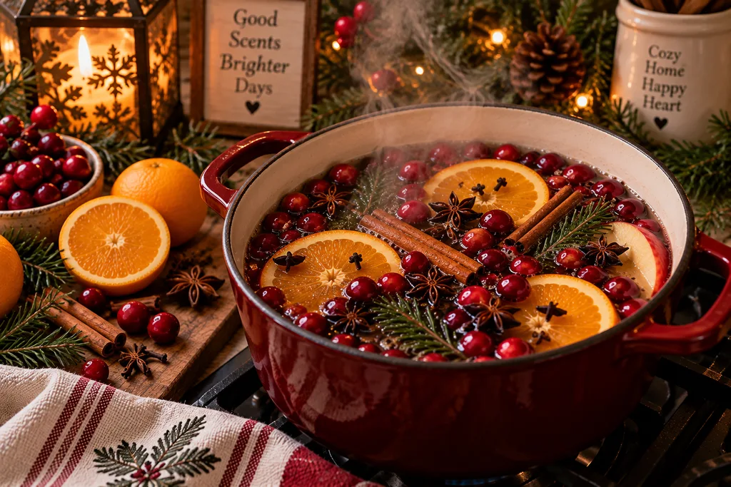 Christmas simmer pot with orange slices, cranberries, cinnamon sticks, star anise, cloves and evergreen simmering in a red pot surrounded by festive greenery.