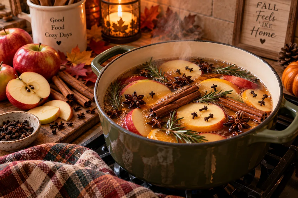 Apple cinnamon fall simmer pot with sliced apples, oranges, cinnamon sticks, cloves, star anise and rosemary steaming in a green pot on the stove.