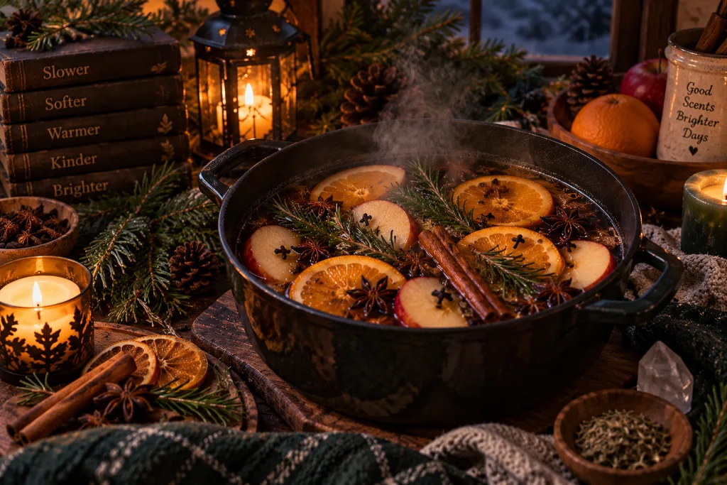 Winter Solstice simmer pot with orange and apple slices, cinnamon sticks, star anise, cloves and evergreen steaming beside candles and lantern light.