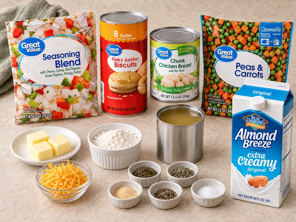 Ingredients for Easy Mode Chicken Pot Pie, including two cans of chicken, frozen seasoning blend, peas and carrots, biscuits, chicken broth, almondmilk, butter, flour, cheddar cheese, and seasonings.