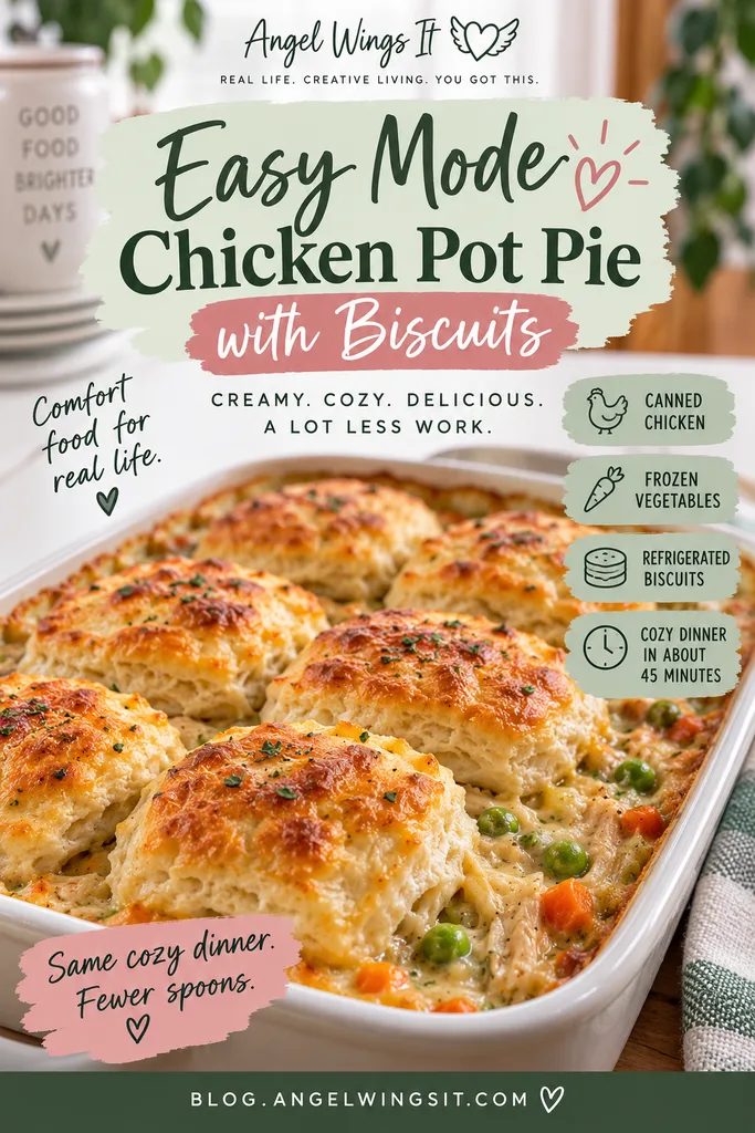 Easy Mode Chicken Pot Pie with Biscuits Pinterest graphic featuring a creamy chicken and vegetable pot pie topped with golden biscuits, with canned chicken, frozen vegetables, and refrigerated biscuits highlighted as easy ingredients.