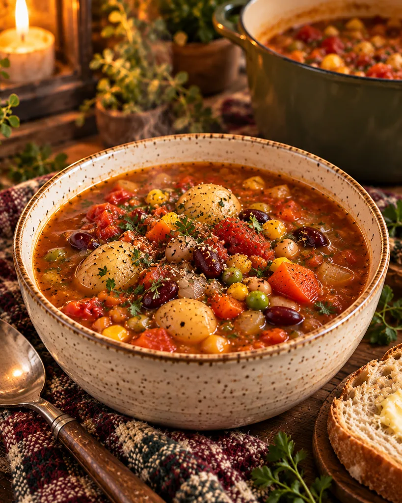 Hearty tomato-based vegetable soup with whole potatoes, beans, carrots, peas and mixed vegetables served with buttered bread in a cozy kitchen setting.