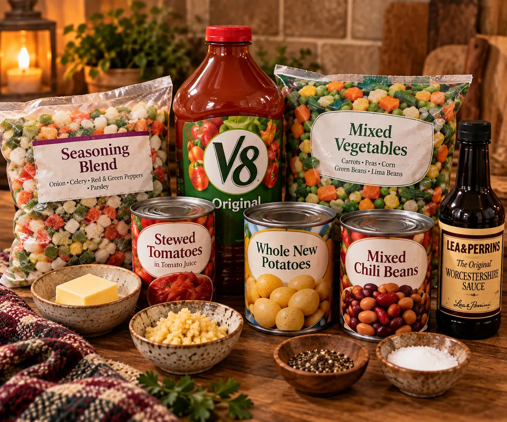 Ingredients for Easy Mode vegetable soup arranged on a kitchen counter, including frozen seasoning blend, mixed vegetables, V8, stewed tomatoes, whole potatoes, mixed chili beans, Worcestershire sauce, butter and minced garlic.