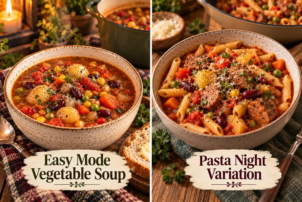 Easy Mode vegetable soup beside its Night Two transformation into penne with Italian chicken sausage and vegetables, showing how the leftover soup becomes a second dinner.