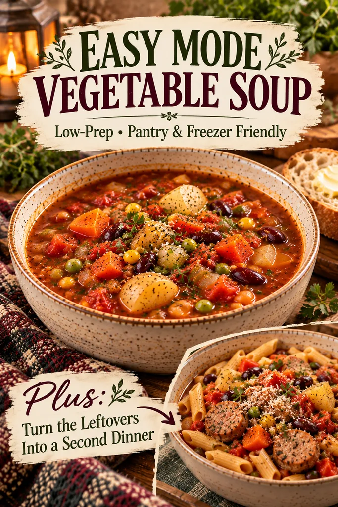Pinterest graphic featuring Easy Mode vegetable soup with potatoes, beans and mixed vegetables, plus a sausage and penne variation made from the leftovers, labeled low-prep and pantry-and-freezer friendly.