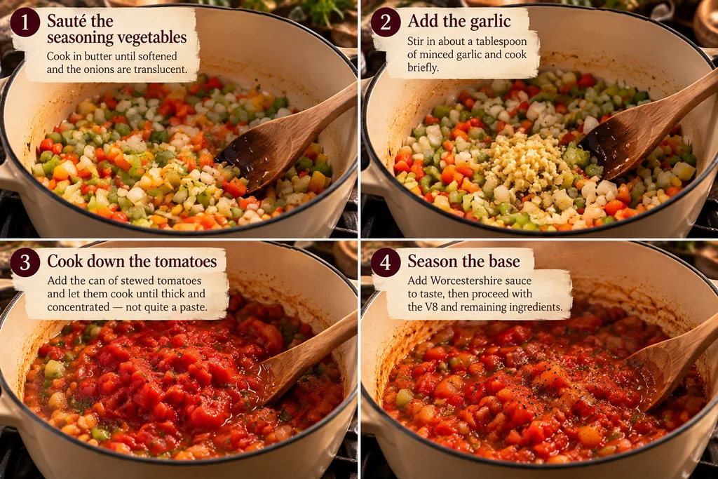Four-step collage showing Easy Mode vegetable soup preparation: sautéing seasoning vegetables, adding minced garlic, cooking down stewed tomatoes until thick, and seasoning the tomato base before adding V8.